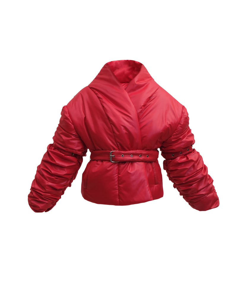 Red ruched sleeve puffer jacket