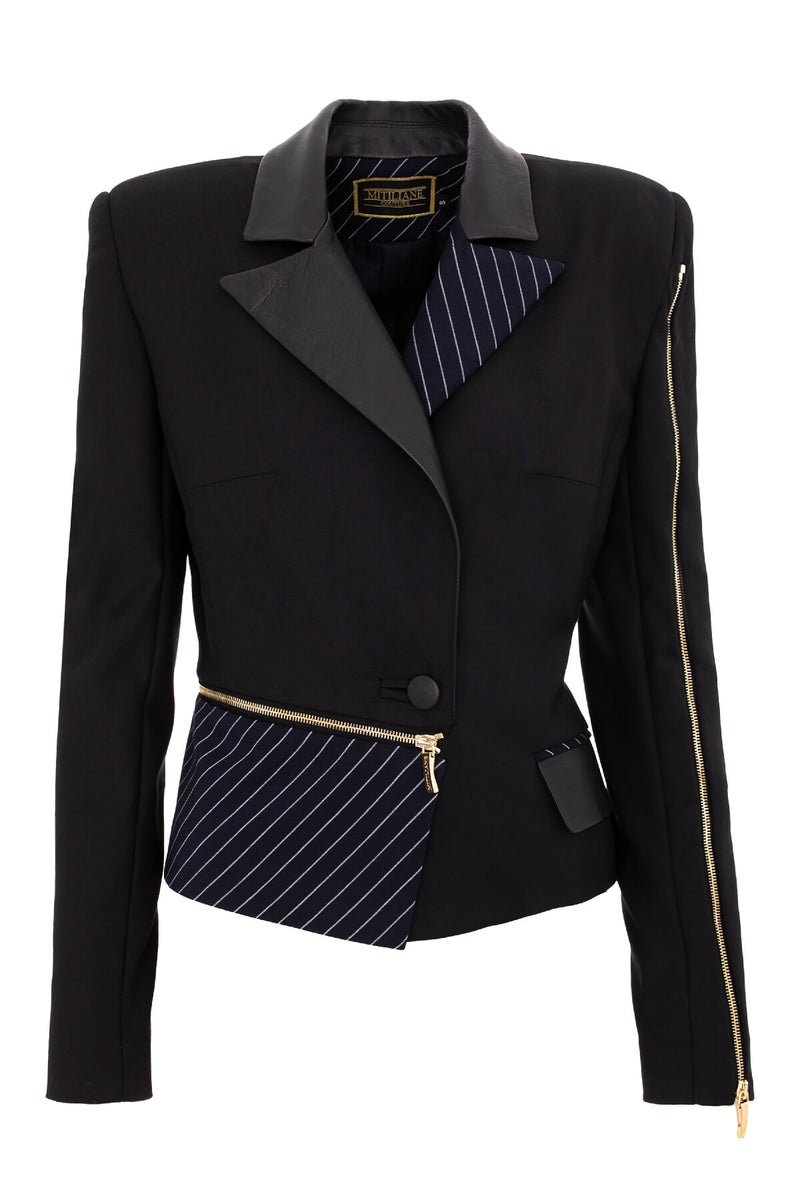 BLACK LEATHER TUXEDO WITH STRIPES AND LEATHER DETAILS