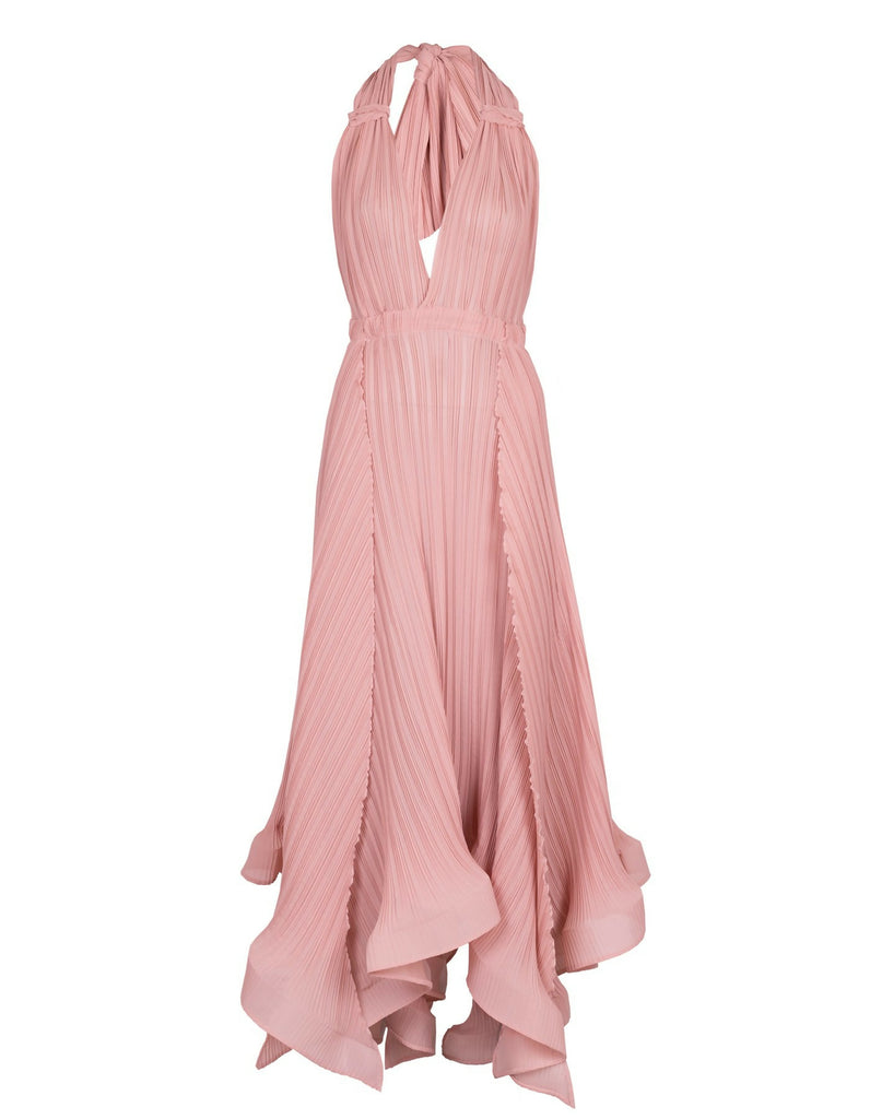 Open back asymmetric plisse-chiffon dress