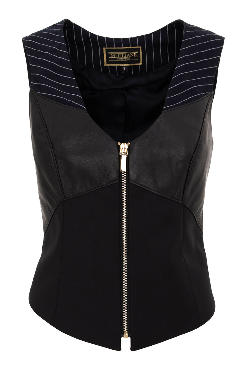 BLACK LEATHER VEST WITH STRIPES AND LEATHER DETAILS