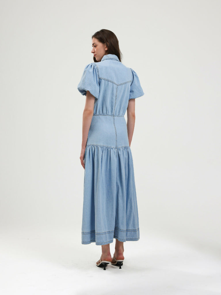 Puff Sleeve Denim Midi Dress