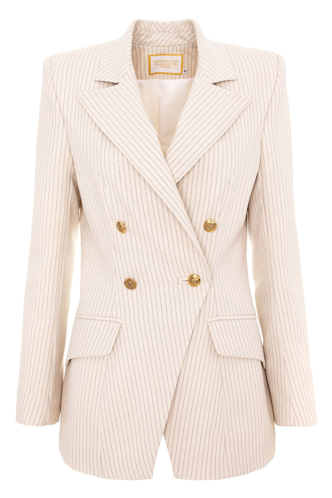 BEIGE OVERSIZED TUXEDO WITH STRIPES AND GOLD BUTTONS