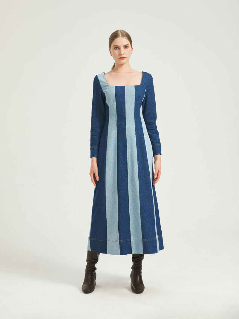 Two-Tone Denim Midi Dress