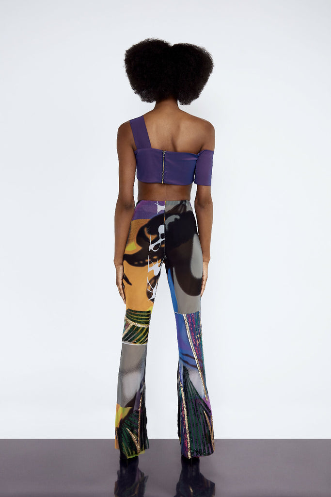 Multicolour Embroidered Mesh Flare Trousers