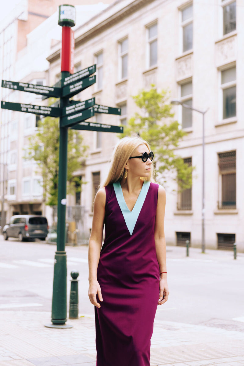 Sleeveless V-Neck Midi Dress Dark Fuchsia