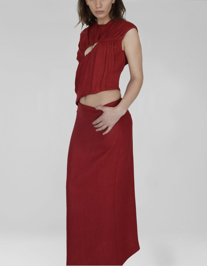 Retina Red Linen Two Piece Skirt Set