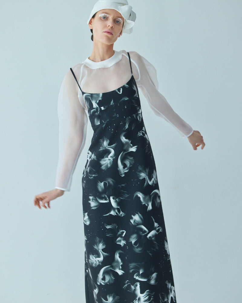 Spaghetti Strap Midi Dress With Fish Print Black