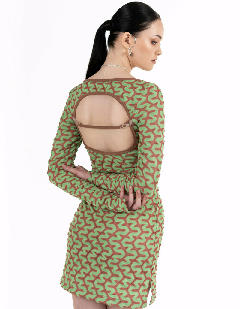 Green mini dress with back cutout