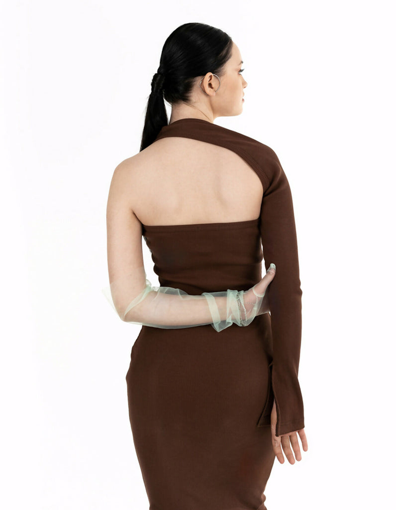 Beige/brown one-sleeve knitted dress