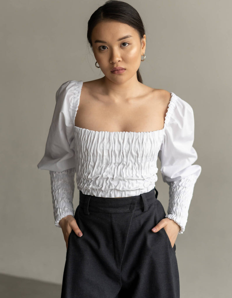 Shirred White Buff-Sleeved Top with Lacing