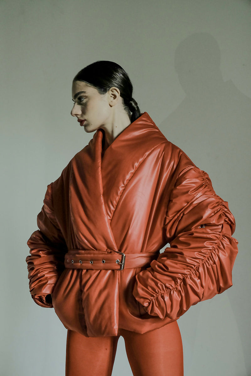 Red ruched sleeve puffer jacket