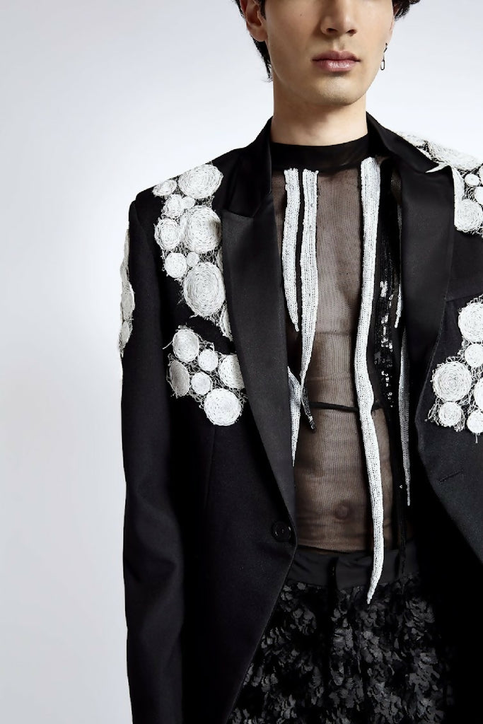 Black Tailored Blazer with White Silk Circle Appliqué