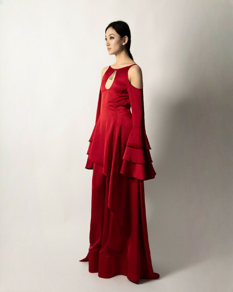 SCARLET ASYMMETRICAL MAXI DRESS