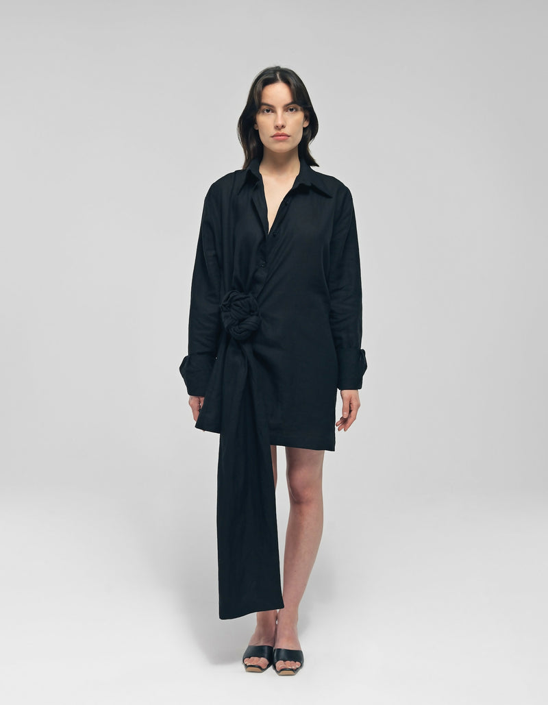 Shanda Black Knot Linen Mini Dress