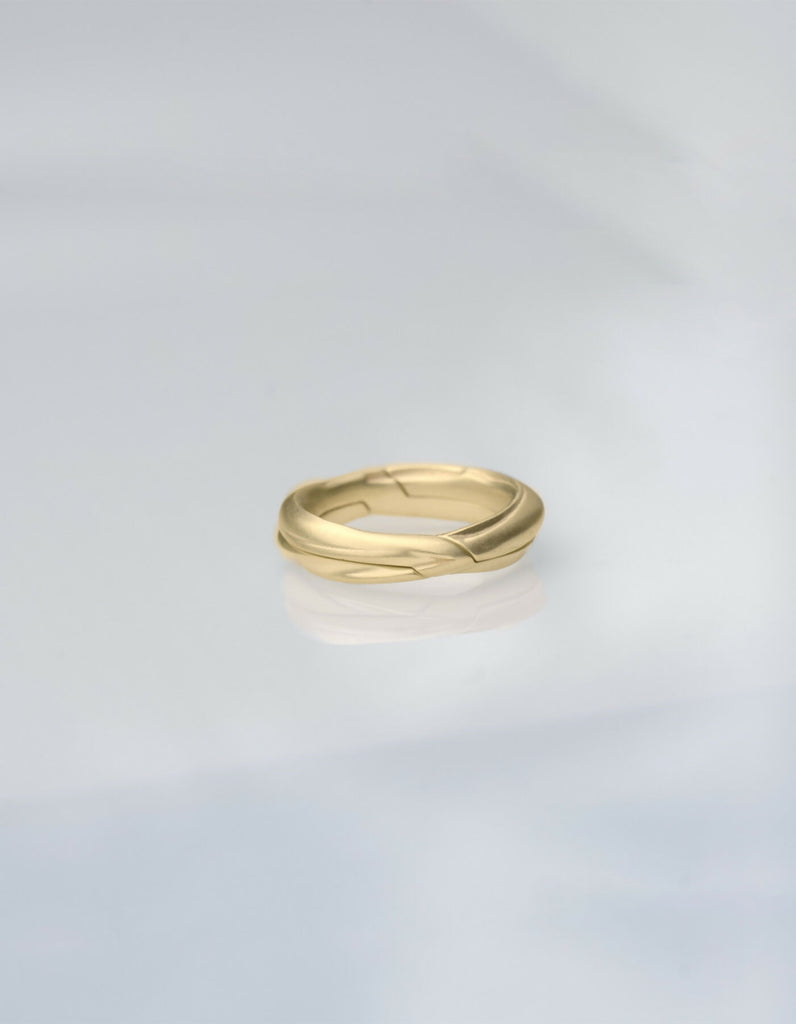 Two-piece gold ring with a matt surface, lying flat when closed.