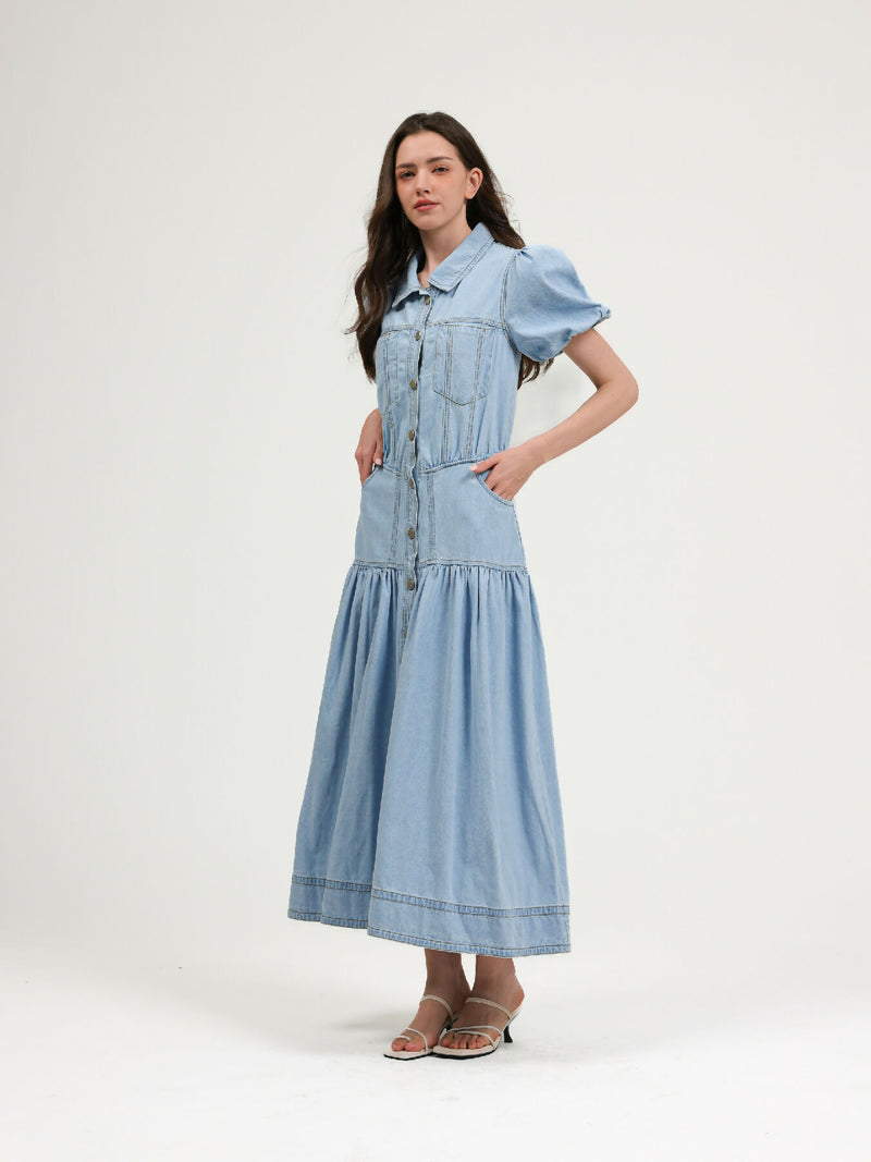 Puff Sleeve Denim Midi Dress