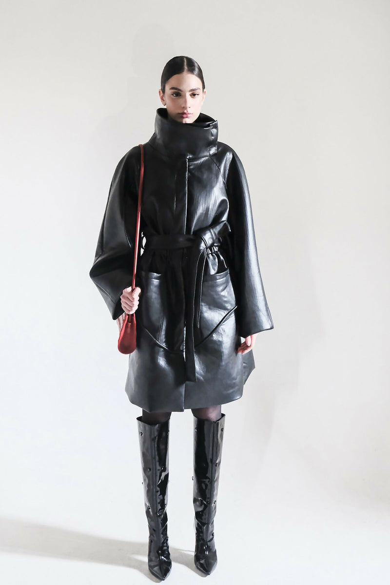 High-neck faux leather trench coat