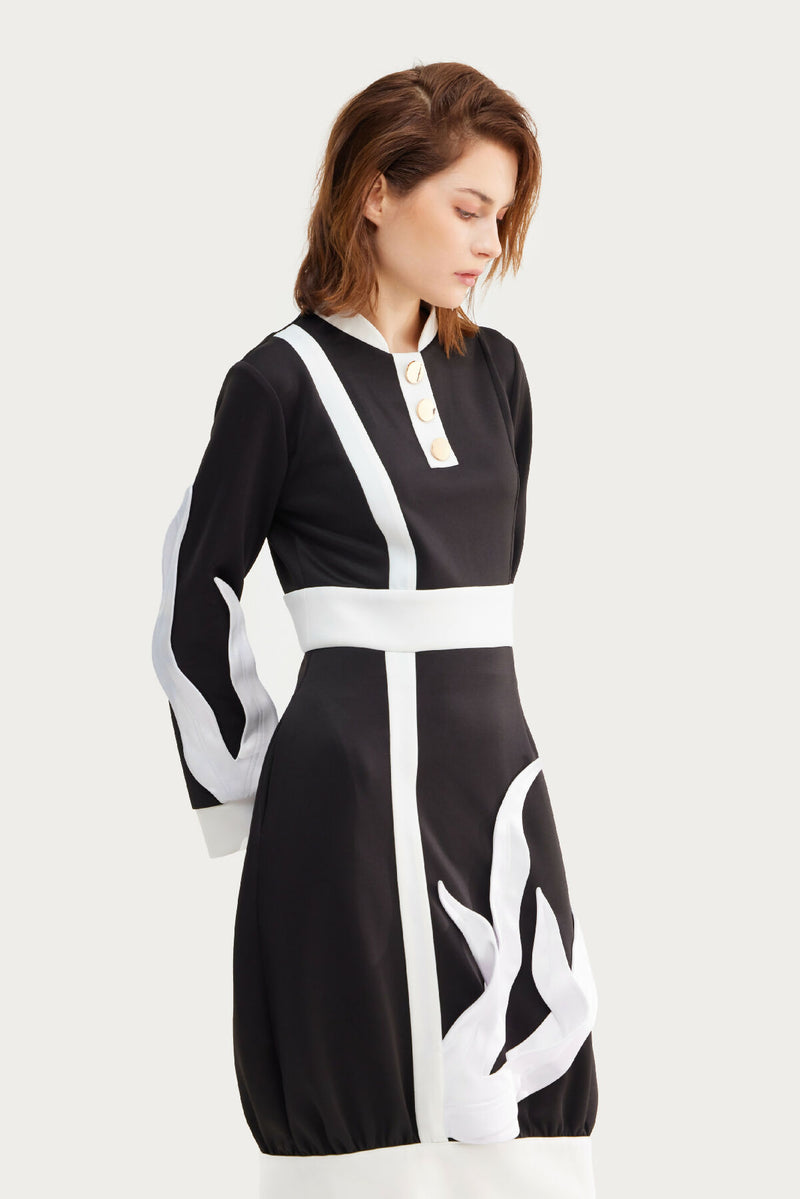 Designer Black Midi Dress With Satin Details And Barrel-Style Skirt