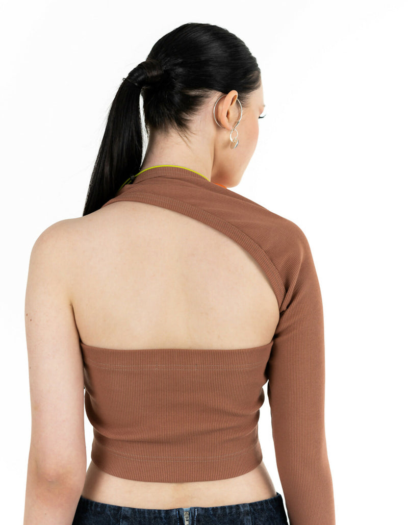 One-sleeve brown knitted top