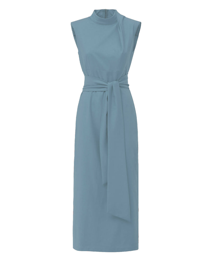 Designer Long Dress With Mock Neck Solid Light Blue