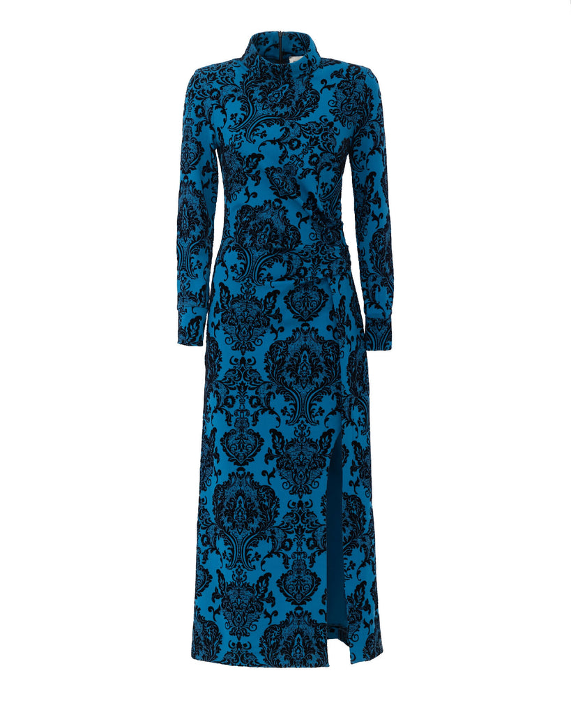 Elegant Long-Sleeve Dress With Velvet Pattern Blue