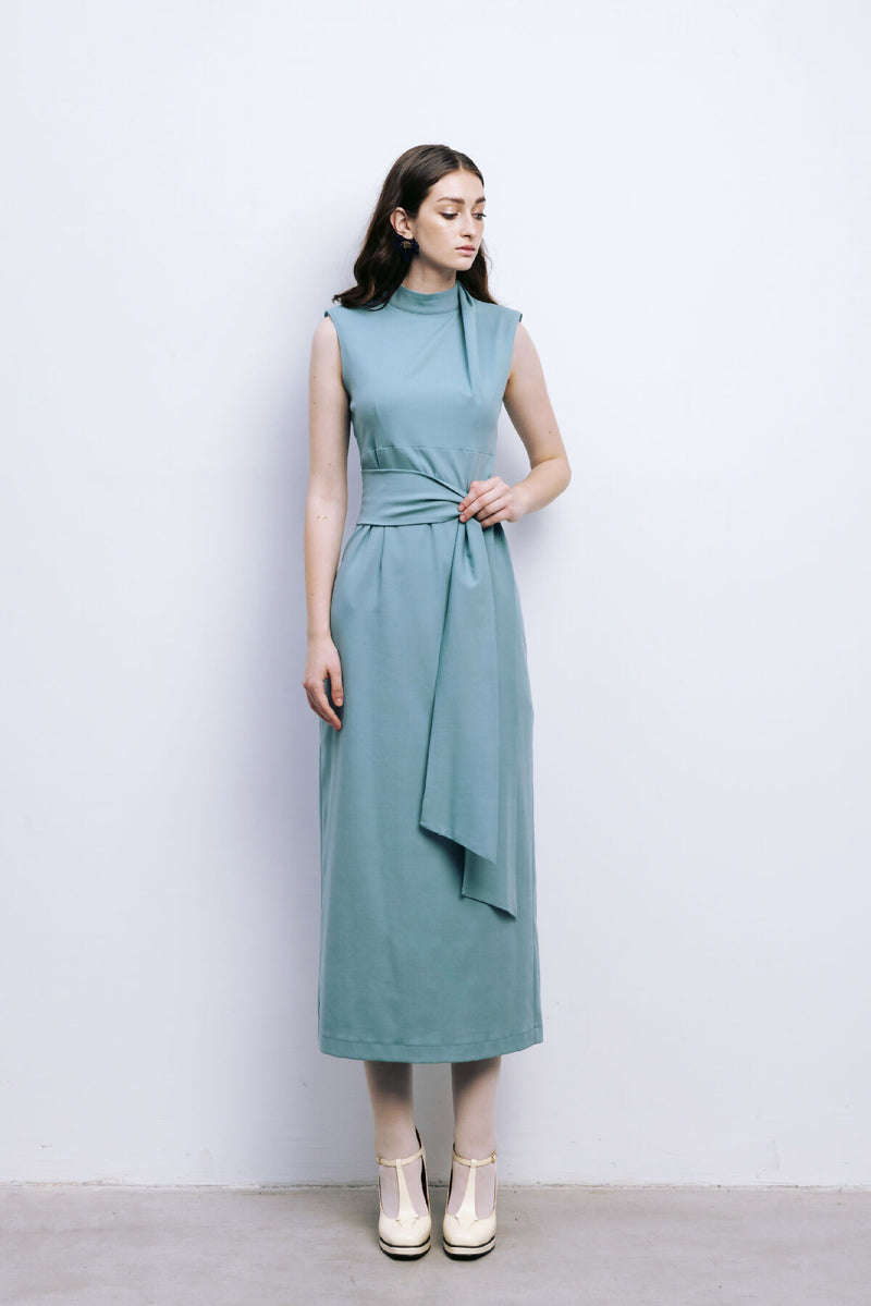 Designer Long Dress With Mock Neck Solid Light Blue