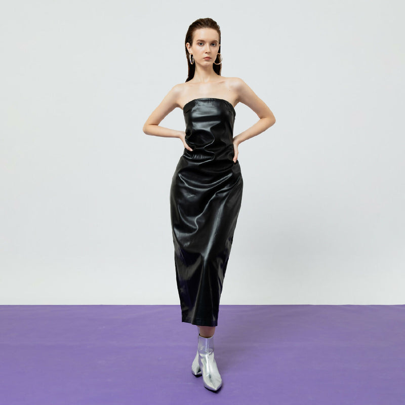 SIENNA BLACK LEATHER TUBE MIDI DRESS 1