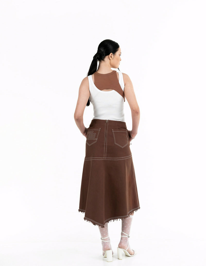 Asymmetric brown denim skirt