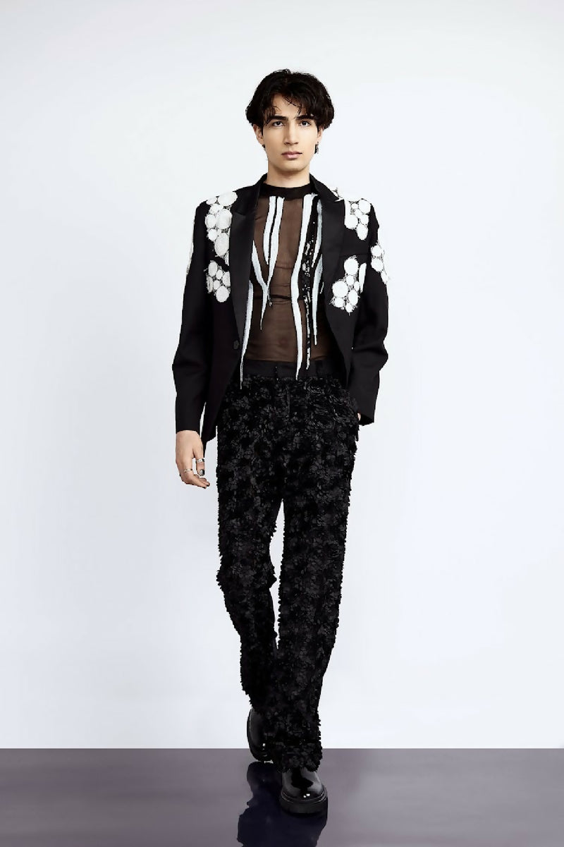 Black Tailored Blazer with White Silk Circle Appliqué