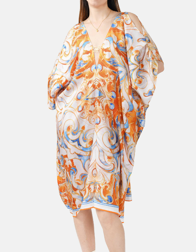 Sun Seeker – Designer Silk Kaftan White, Blue, Orange