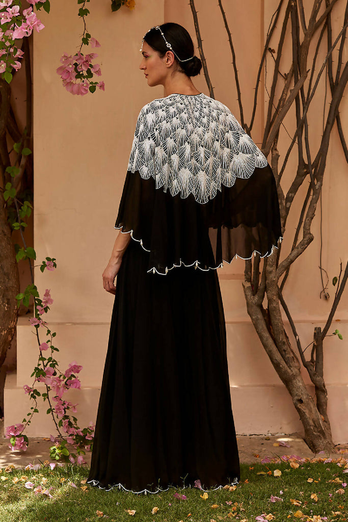 Black & White Embroidered Cape & Sharara Pants