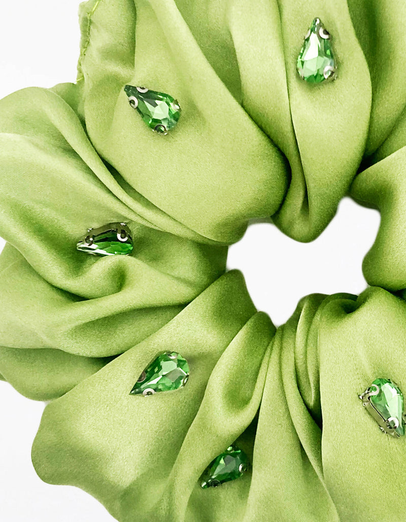 Amara Rhinestone Embellished Silk Scrunchie - Pistachio