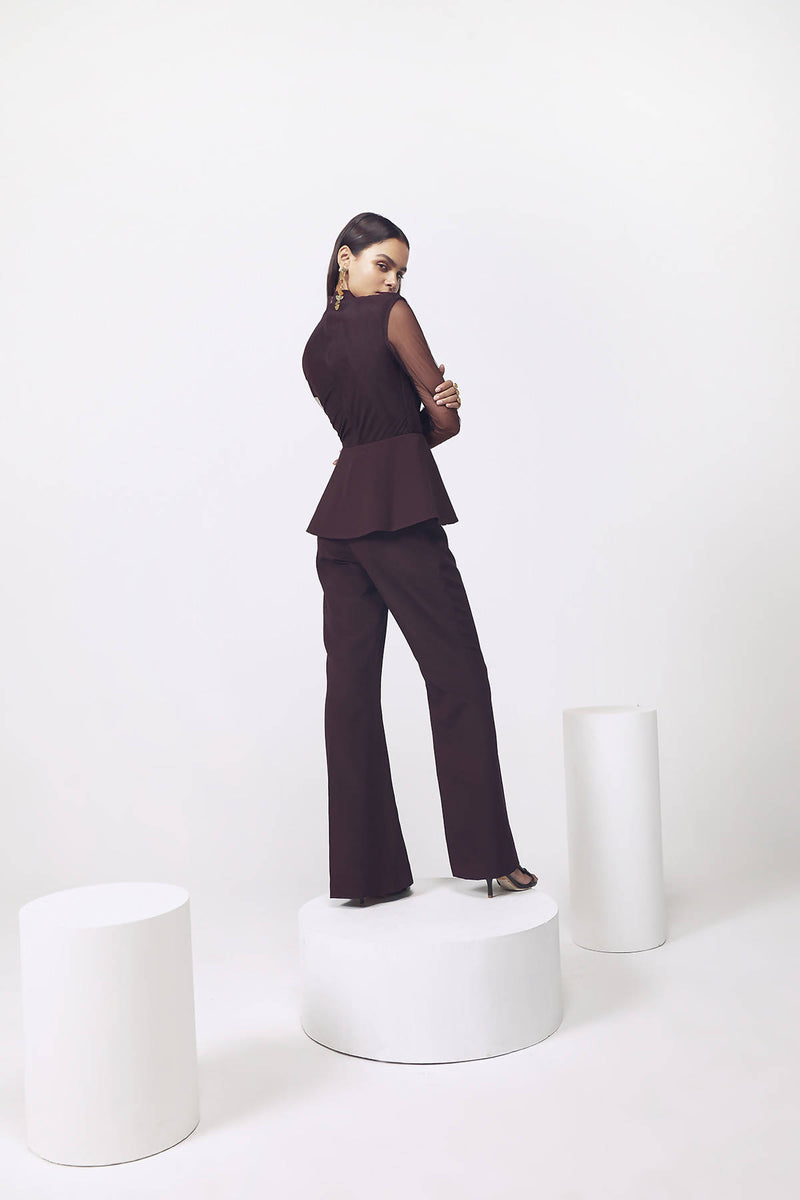 Ruched Jumpsuit with Detachable Peplum in Wine