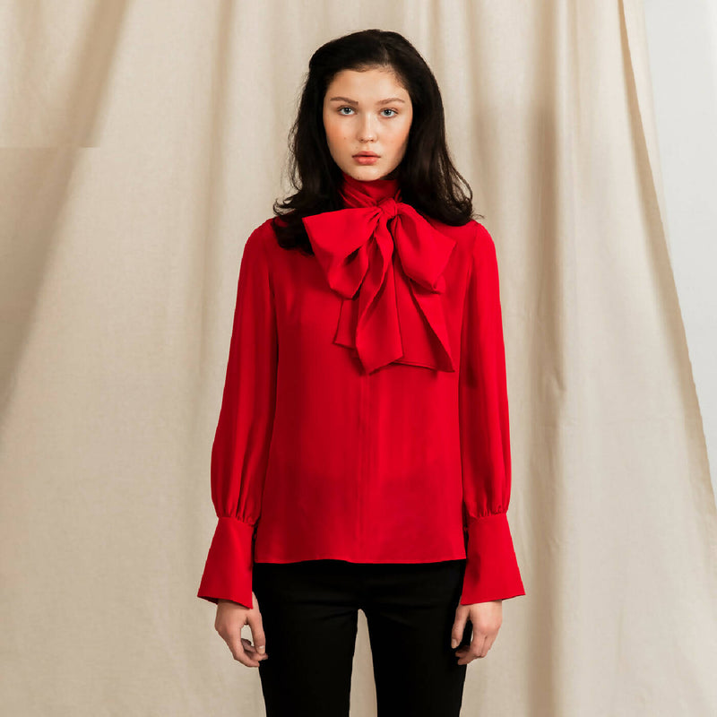 Silk Bow Tie Blouse Cerise