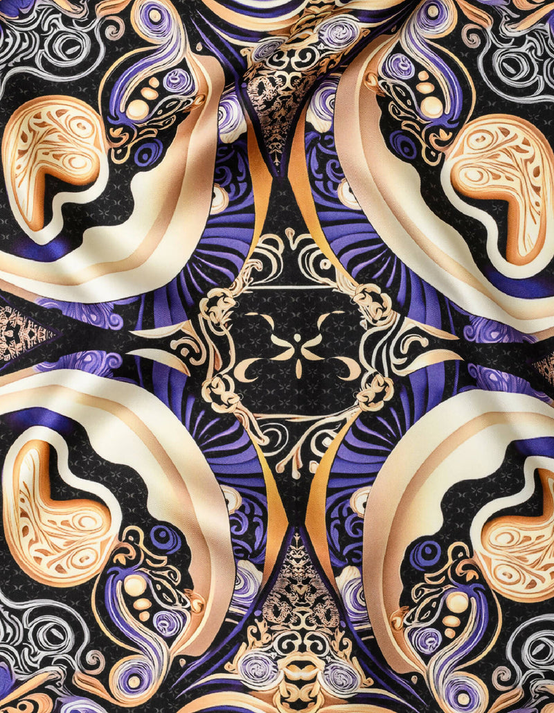 Black-Gold-Purple-Swirls-Silk-Twil-Scarf-Kargede-Designer-Scarf-detail