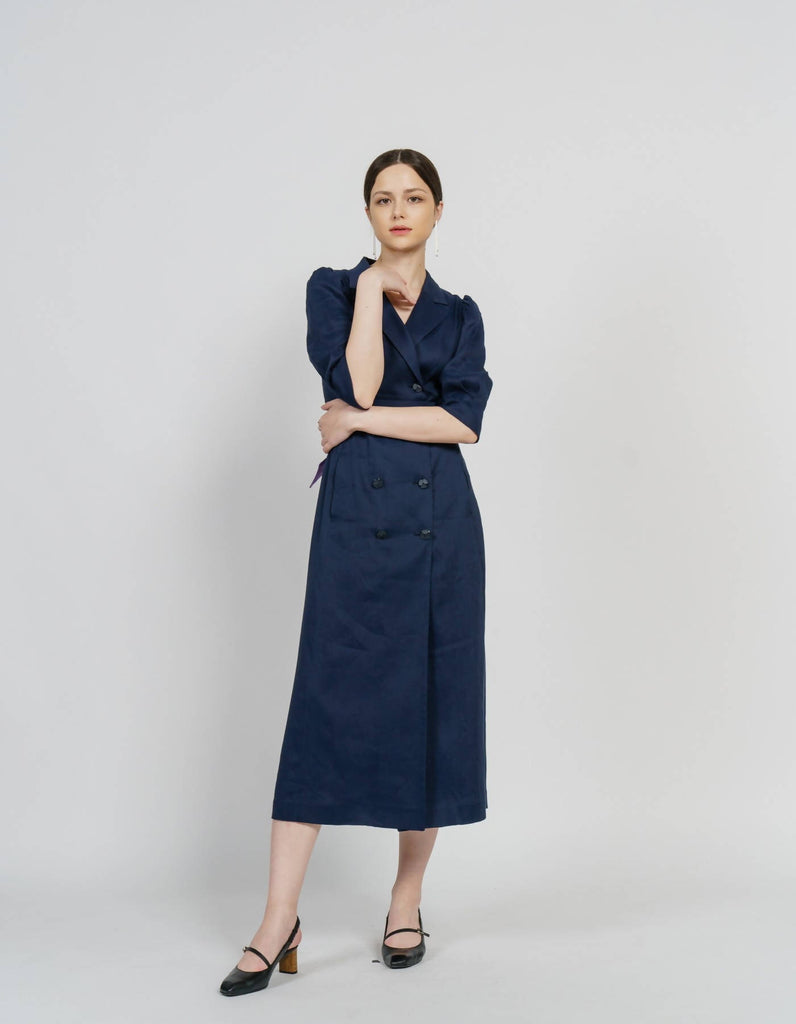 Linen Blending Double-Breasted Midi Dress