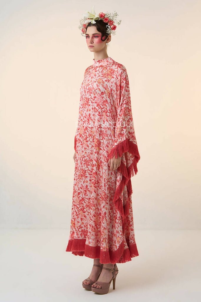 FLORAL FRINGED SATIN TRIMMED KAFTAN