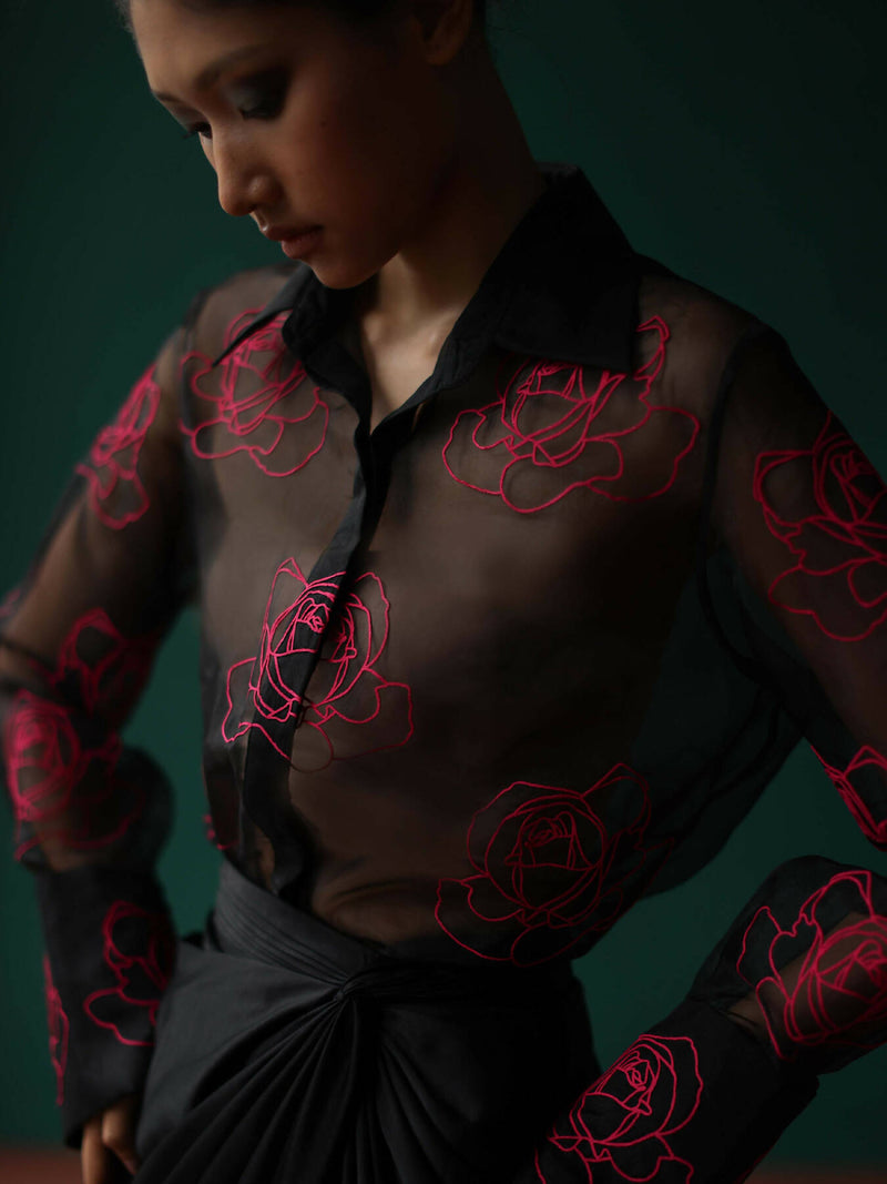 Dimensional roses sheer shirt