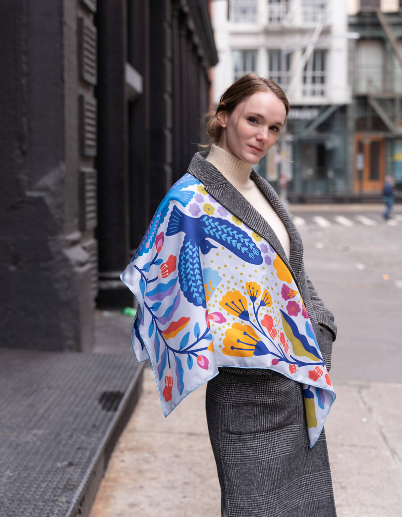 Double Sided Silk Scarf of Blue Birds