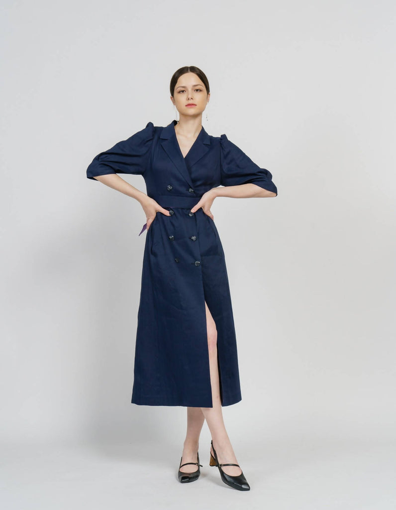 Linen Blending Double-Breasted Midi Dress