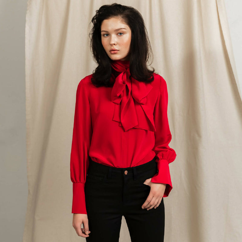 Silk Bow Tie Blouse Cerise