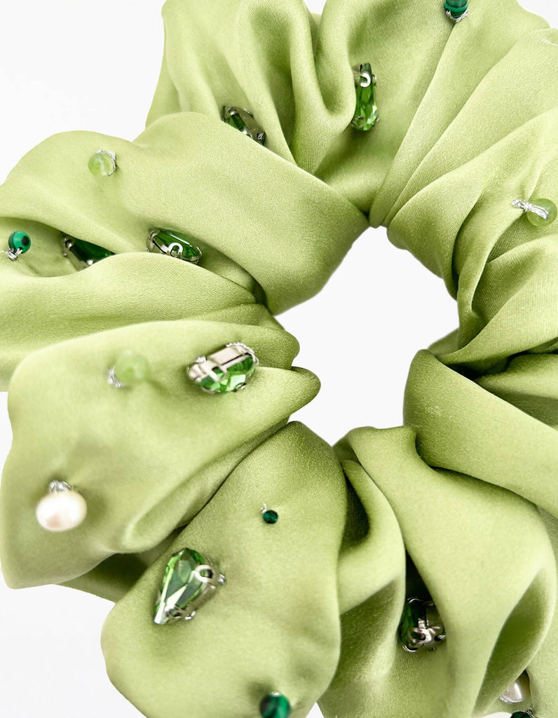 Cecelia Embellished Silk Scrunchie - Pistachio