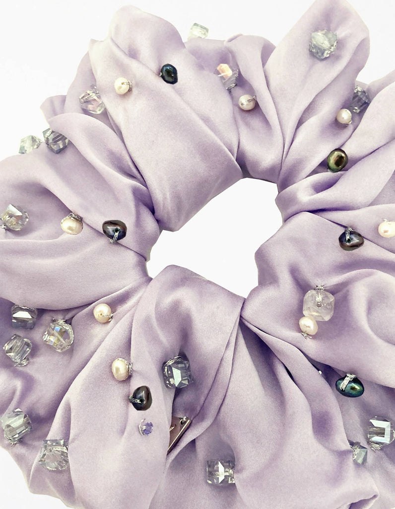 Sansa Embellished Oversized Silk Scrunchie - Mauve