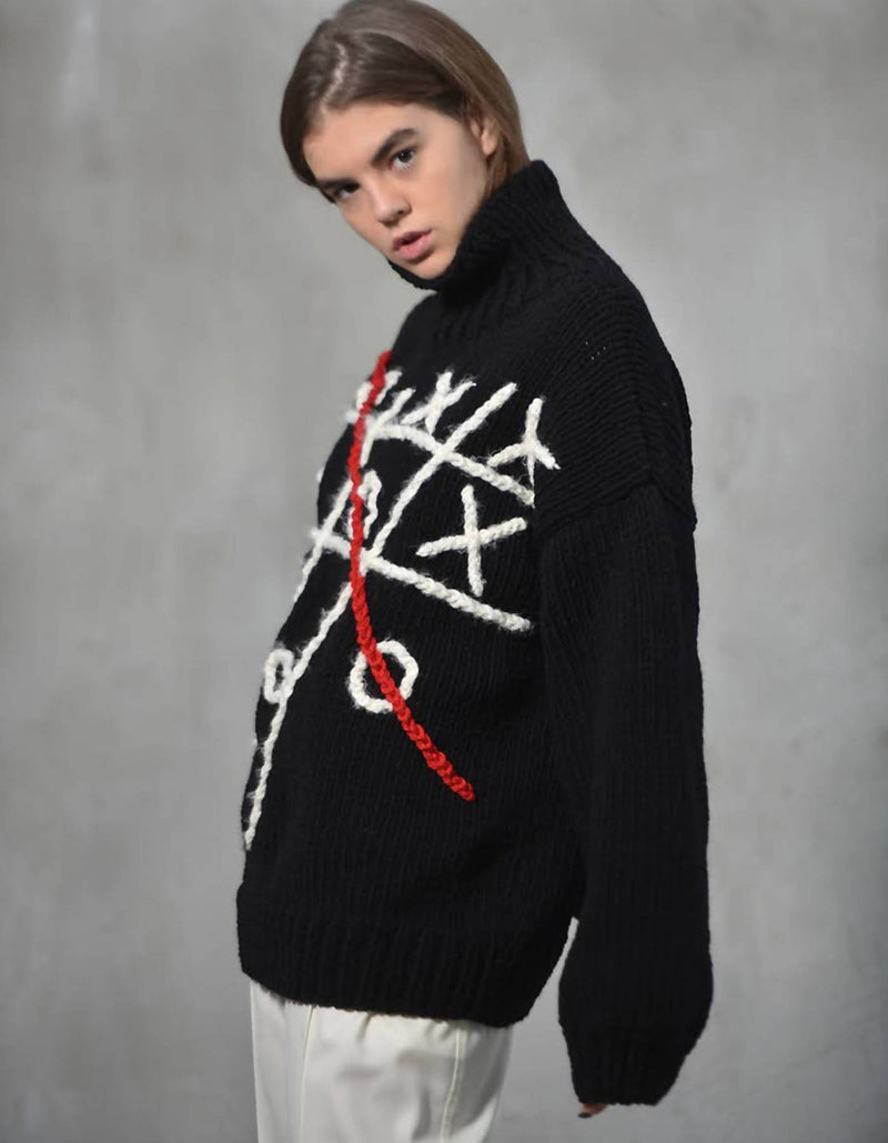 Hand-Knitted Black Tic-Tac-Toe Sweater