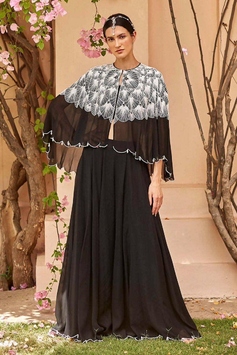 Black & White Embroidered Cape & Sharara Pants