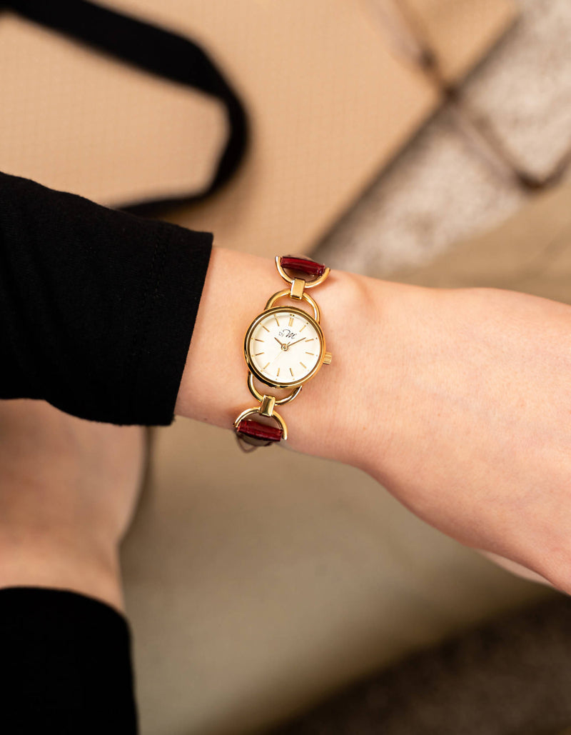 80's Vintage Design Gold-Tone Watch With Burgundy Leather Strap.