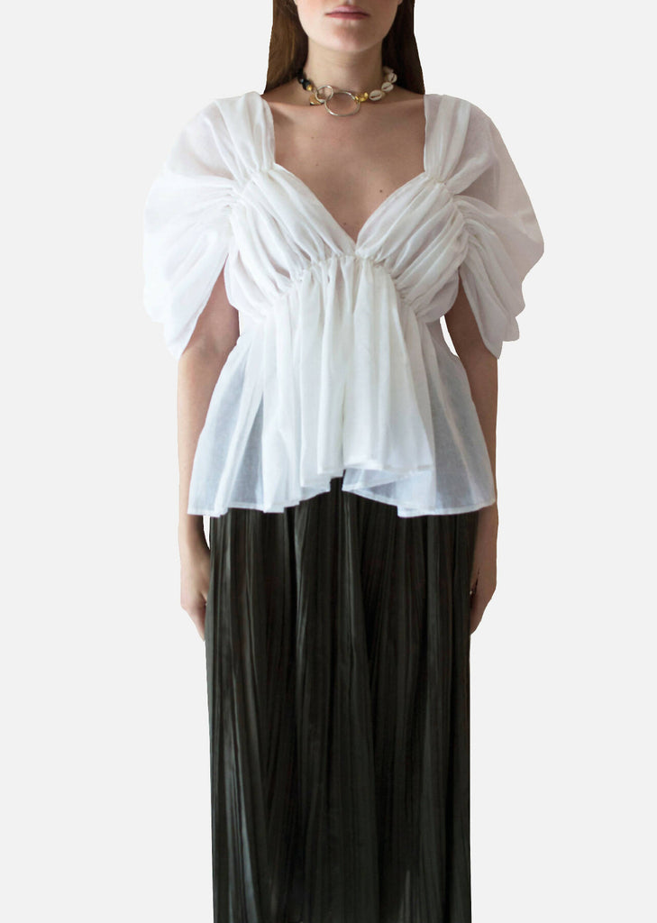 Short Sleeve Tie Pleated Blouse