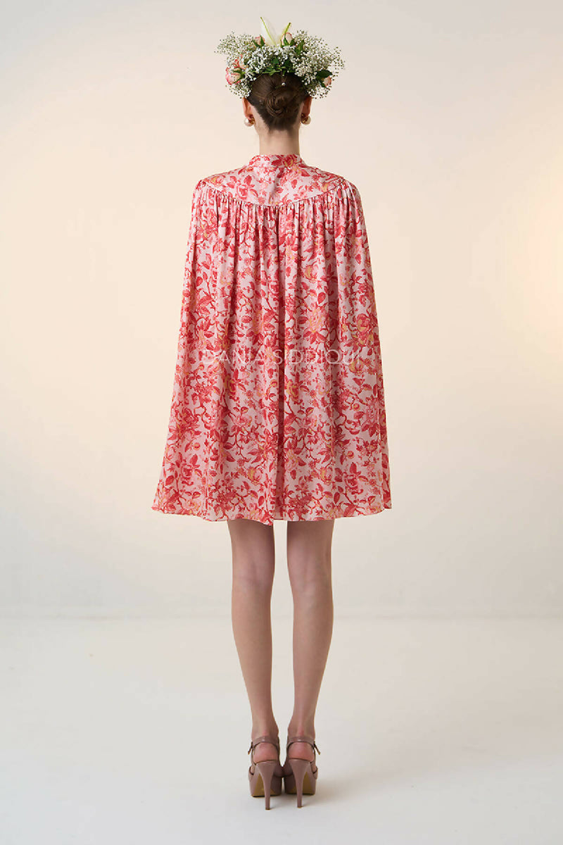 FLORAL PLEATED SHORT CAPE MINI DRESS