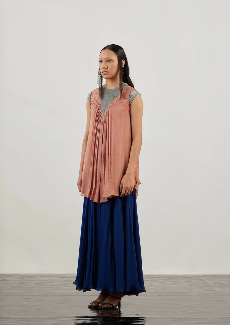 Triangular Yoke Pleated Chiffon Dress