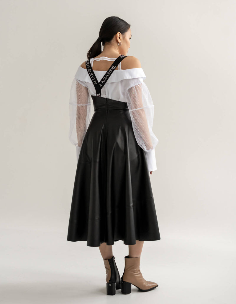 Faux Leather Suspender Midi Skirt